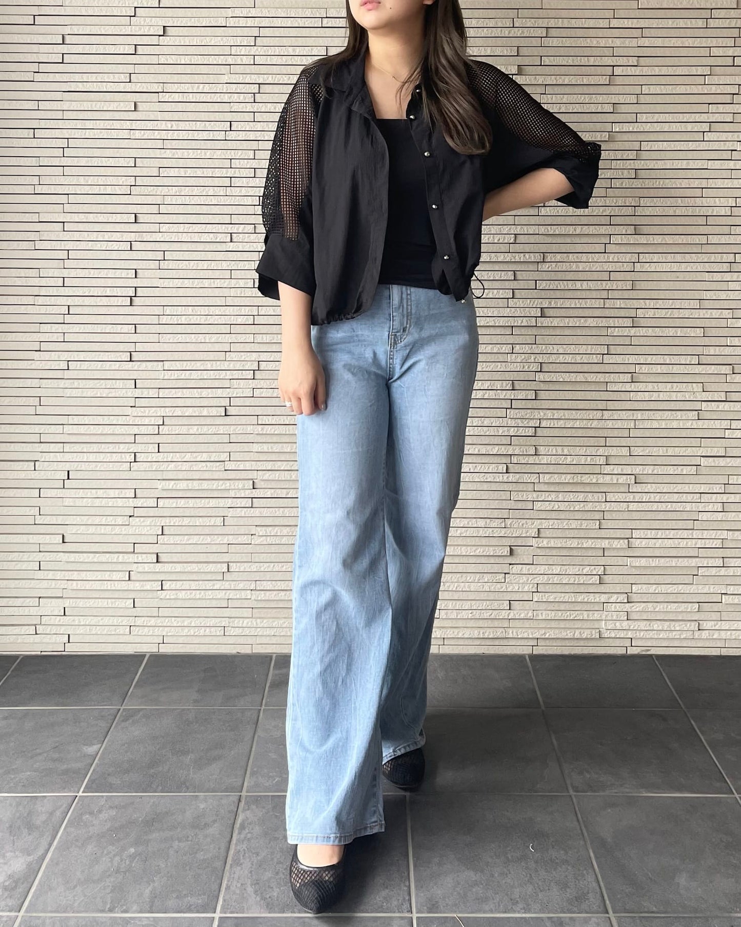 ドロストバックショルダーメッシュシャツ