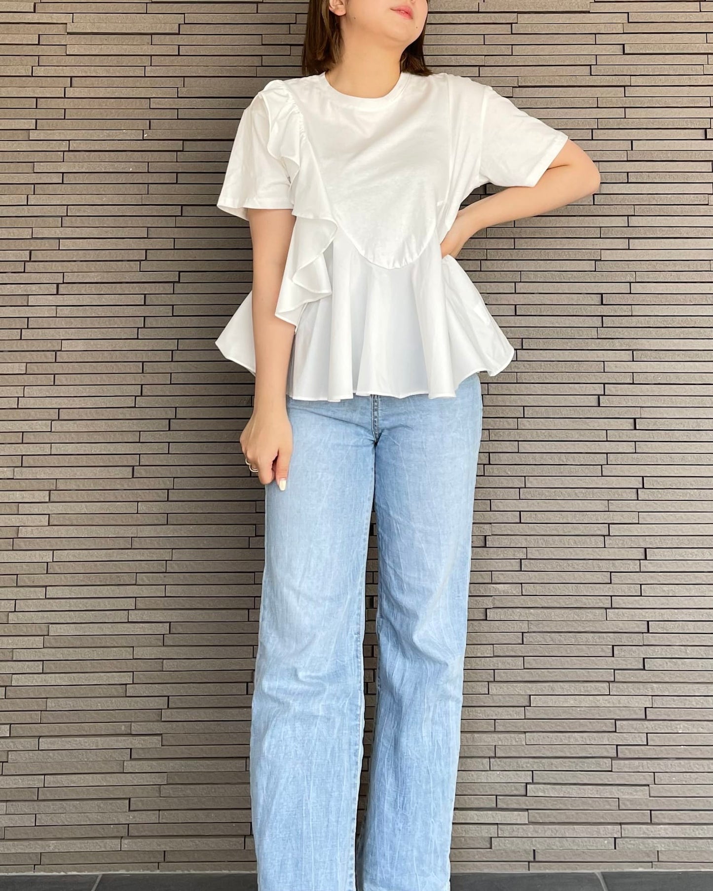 異素材切り替えフリルTシャツ