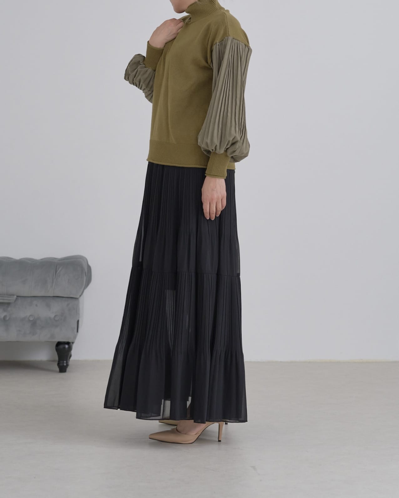 袖プリーツタートルニット