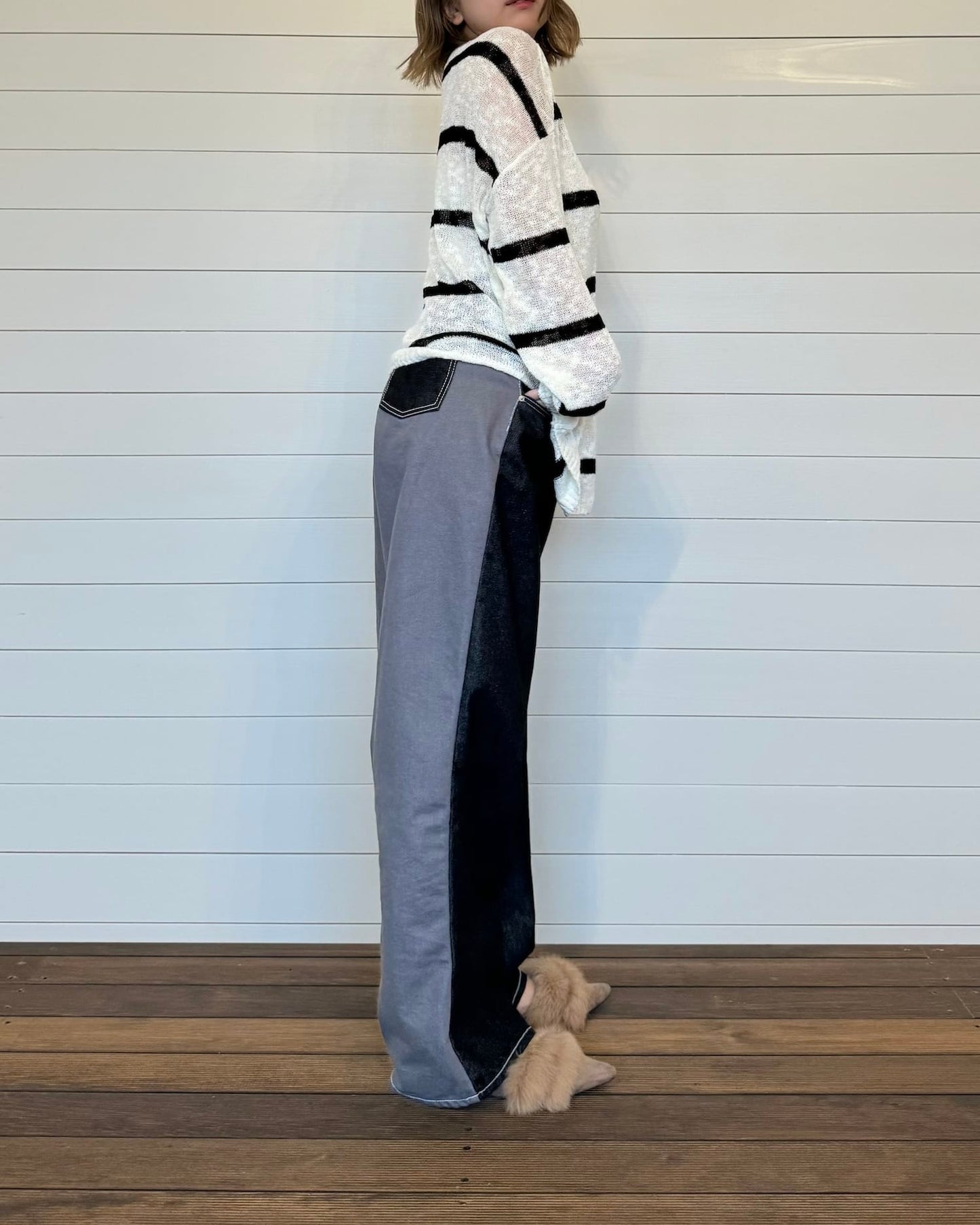 ウエスト調整◆バイカラーデザインデニム