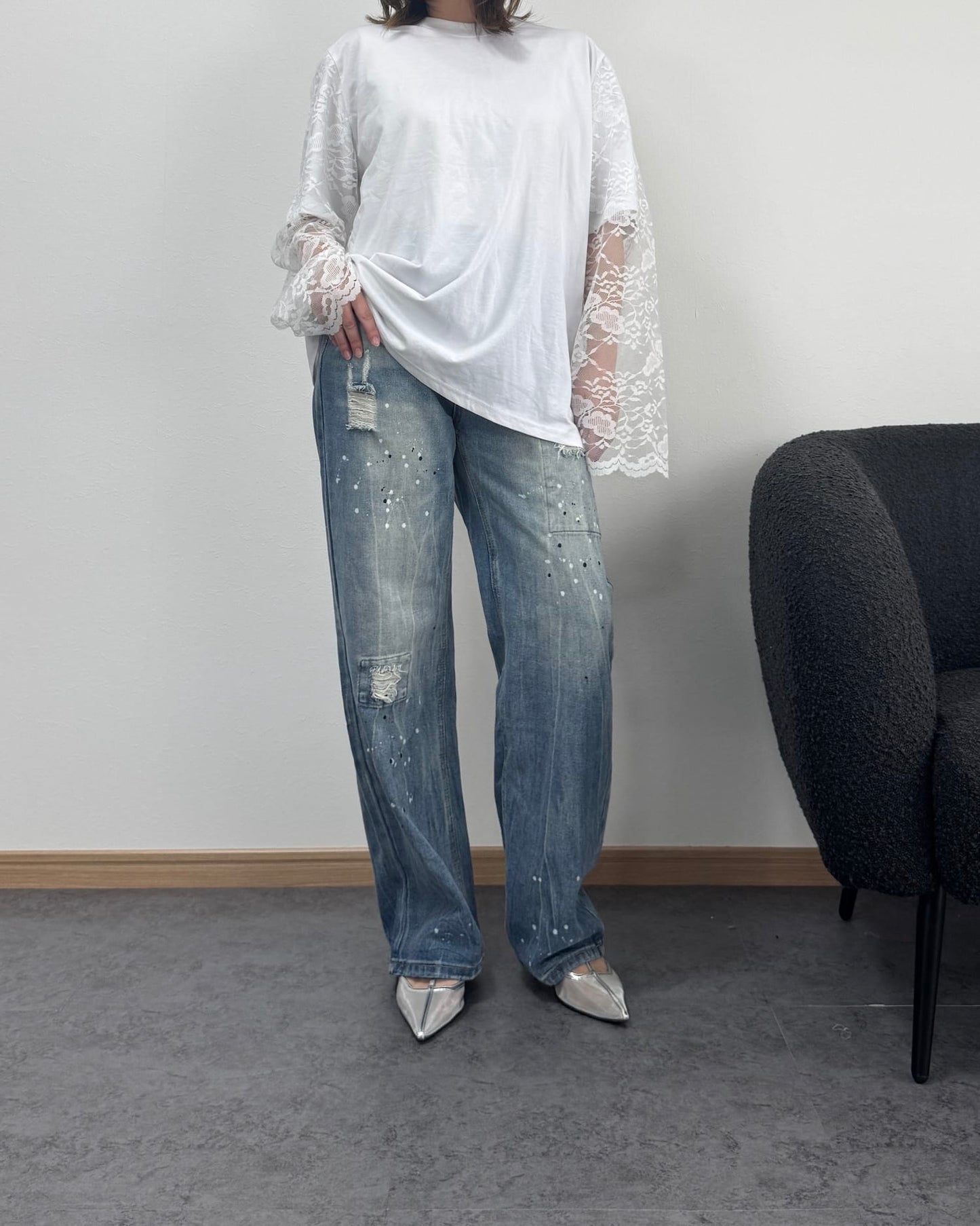 袖レースドッキングロングTシャツ