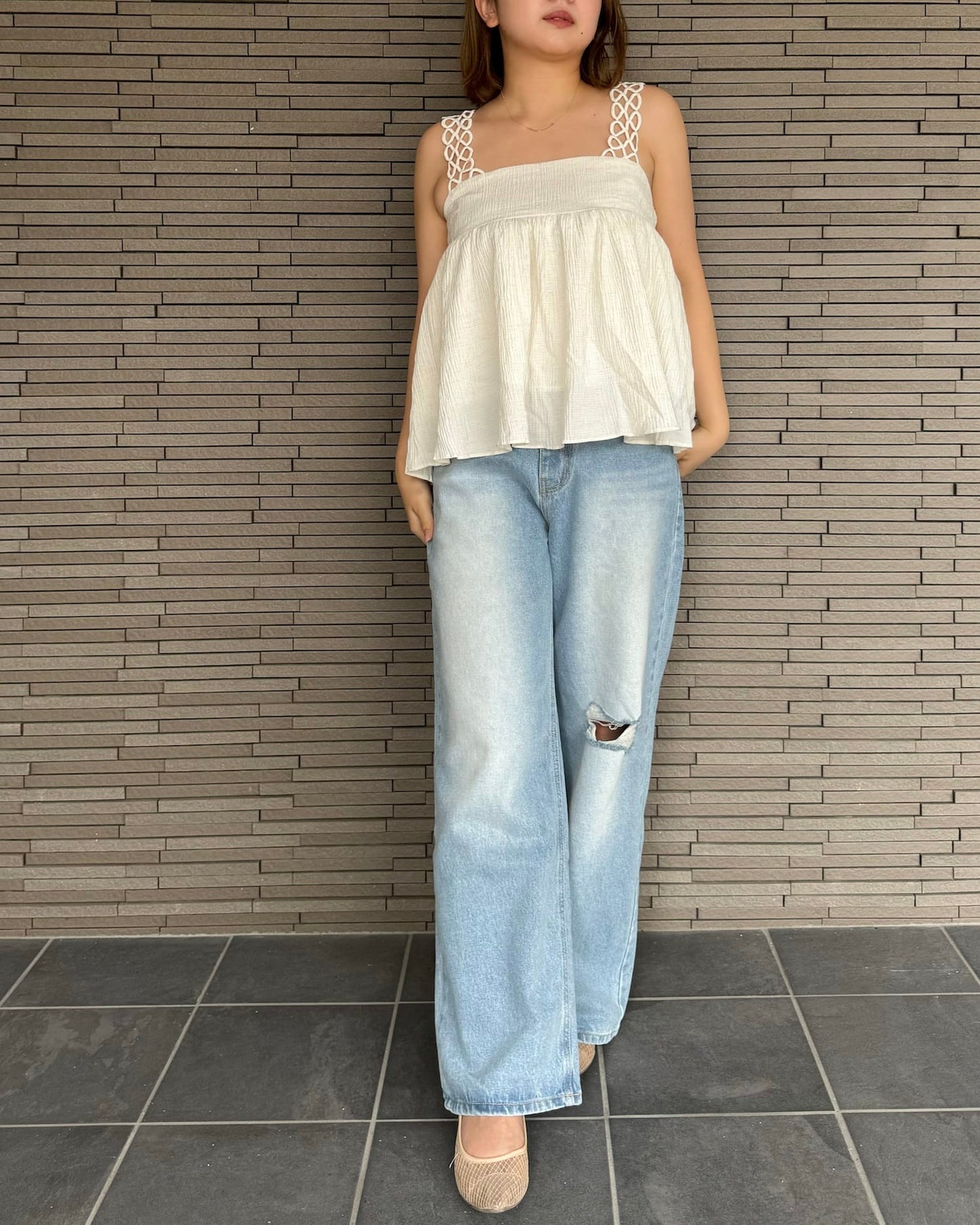 【肩紐デザイン】ギャザートップス