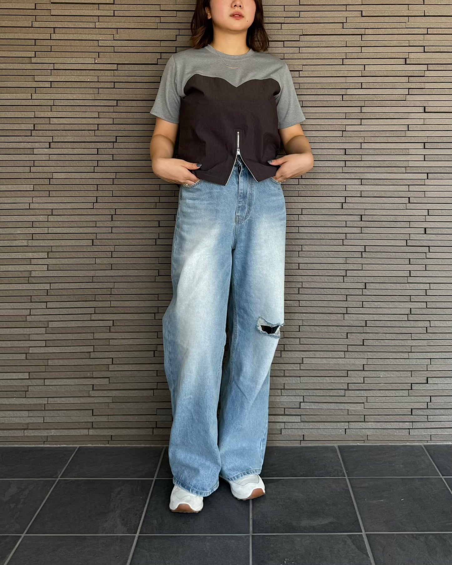 センタージップ異素材バイカラーTシャツ