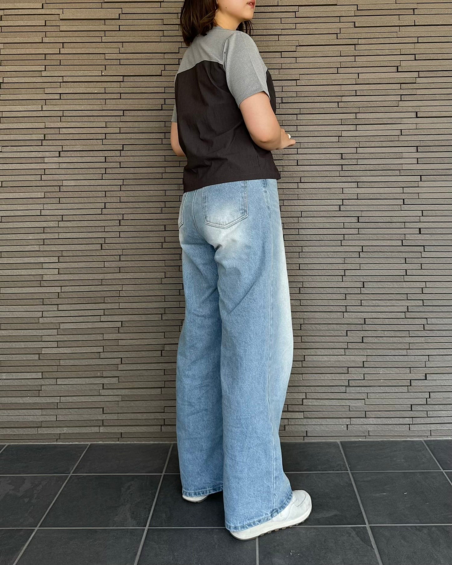 センタージップ異素材バイカラーTシャツ