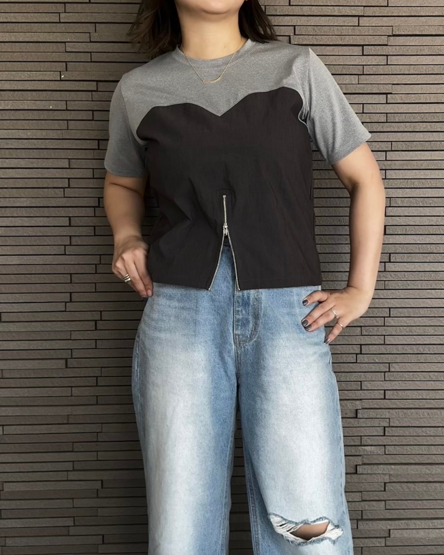 センタージップ異素材バイカラーTシャツ