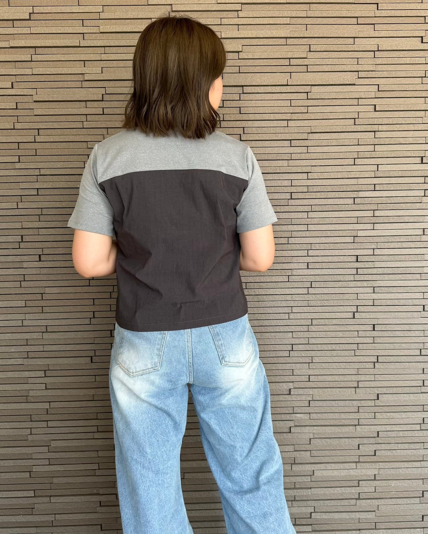 センタージップ異素材バイカラーTシャツ