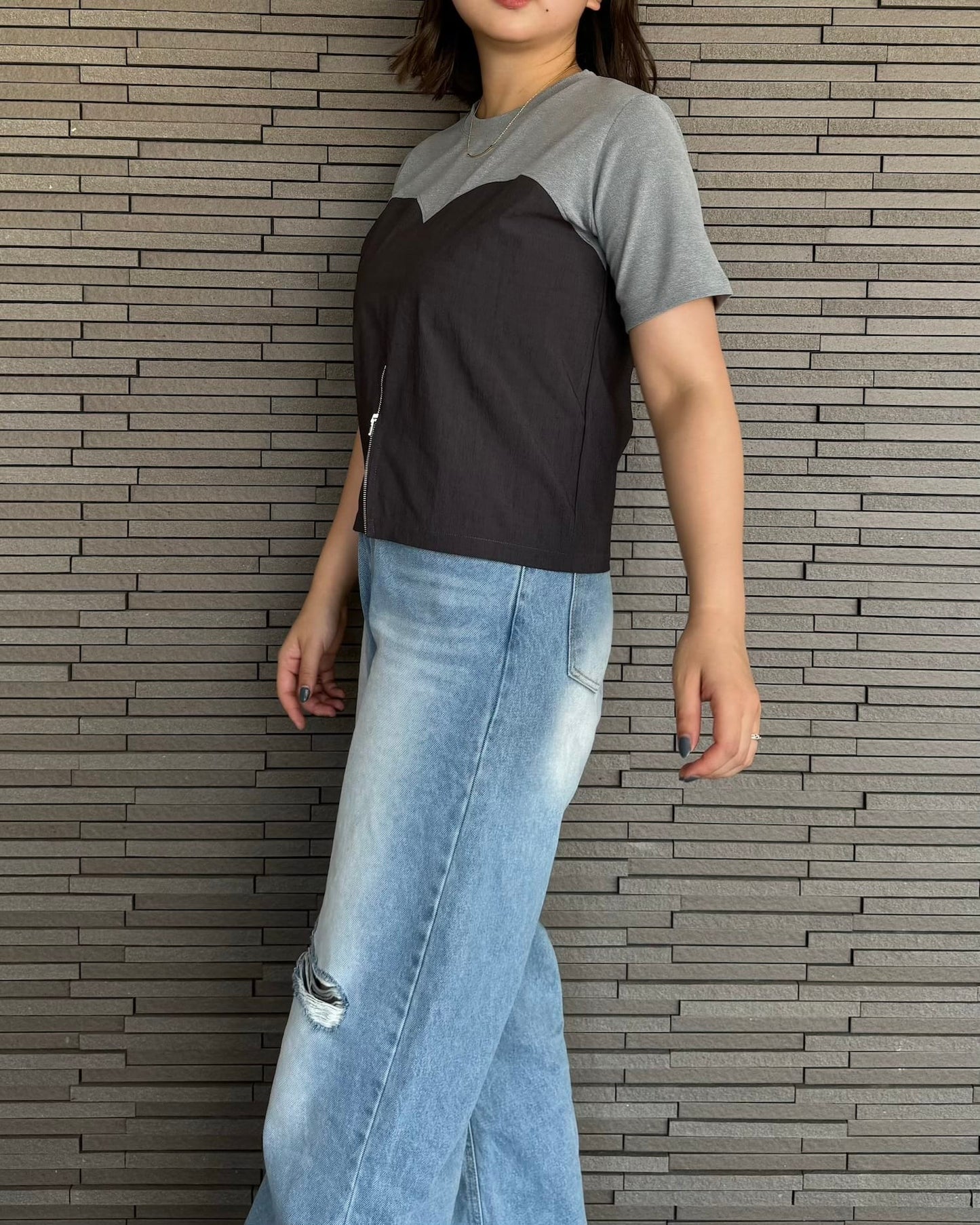 センタージップ異素材バイカラーTシャツ