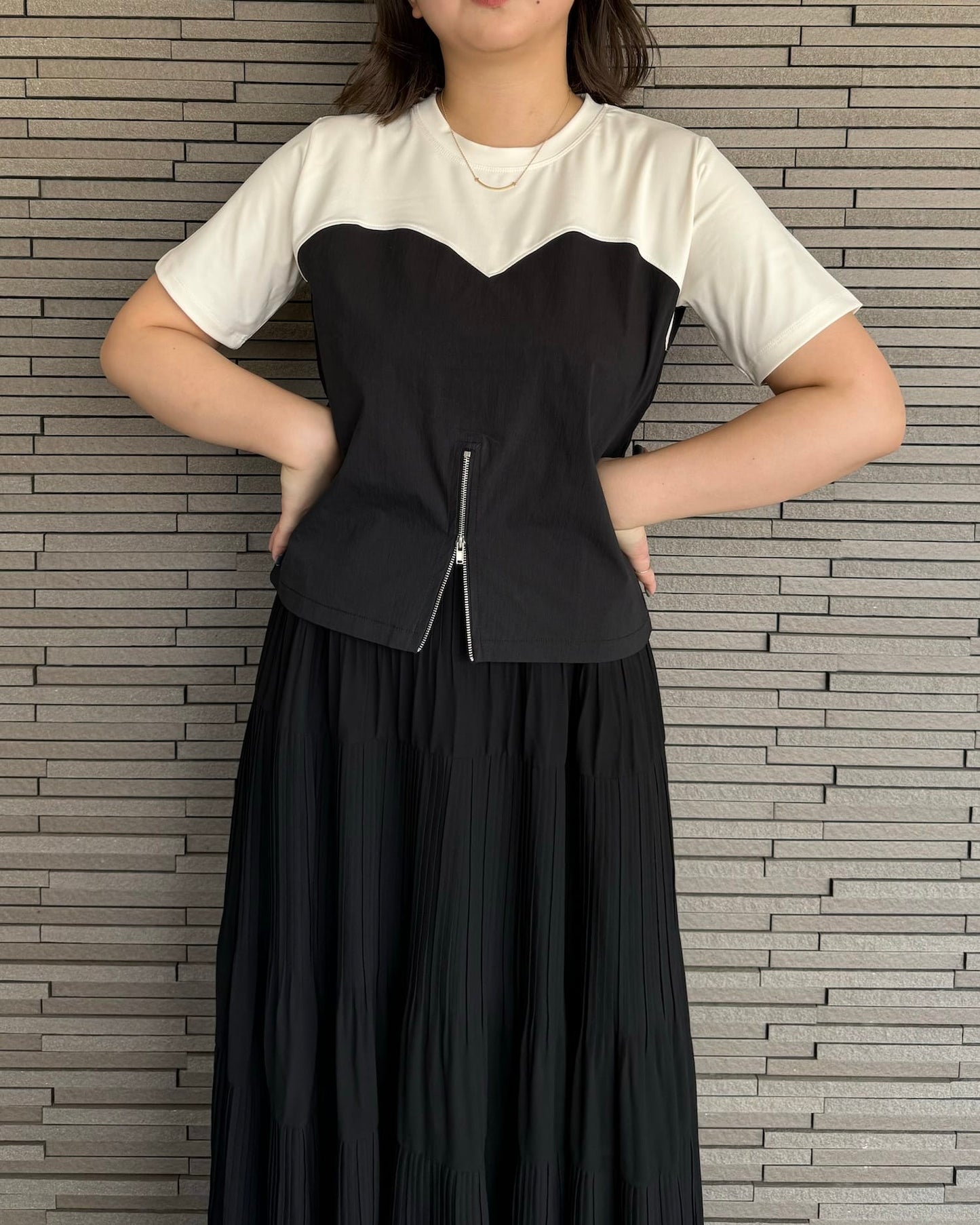 センタージップ異素材バイカラーTシャツ