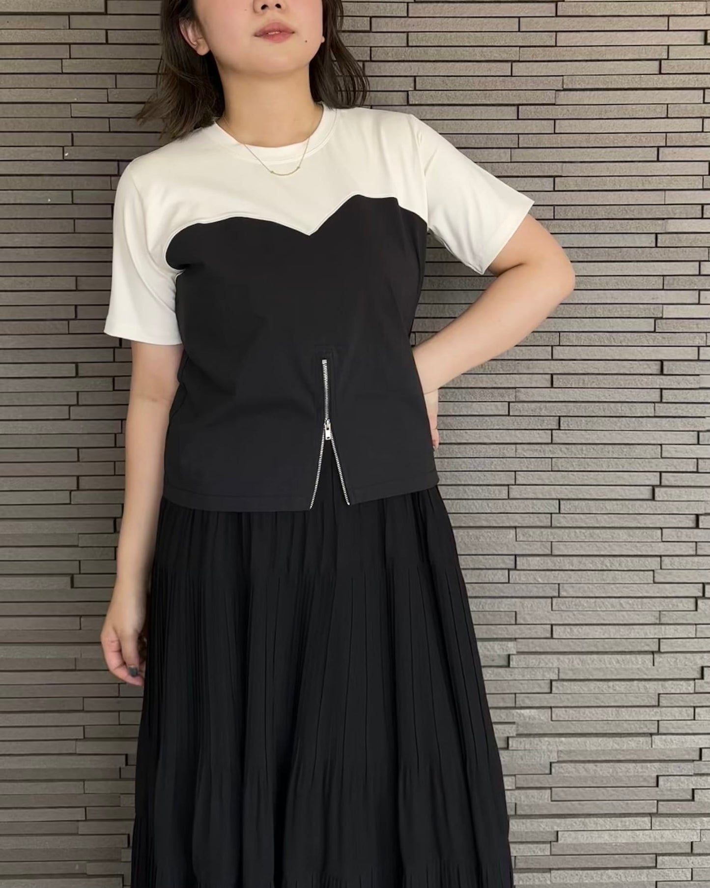 センタージップ異素材バイカラーTシャツ