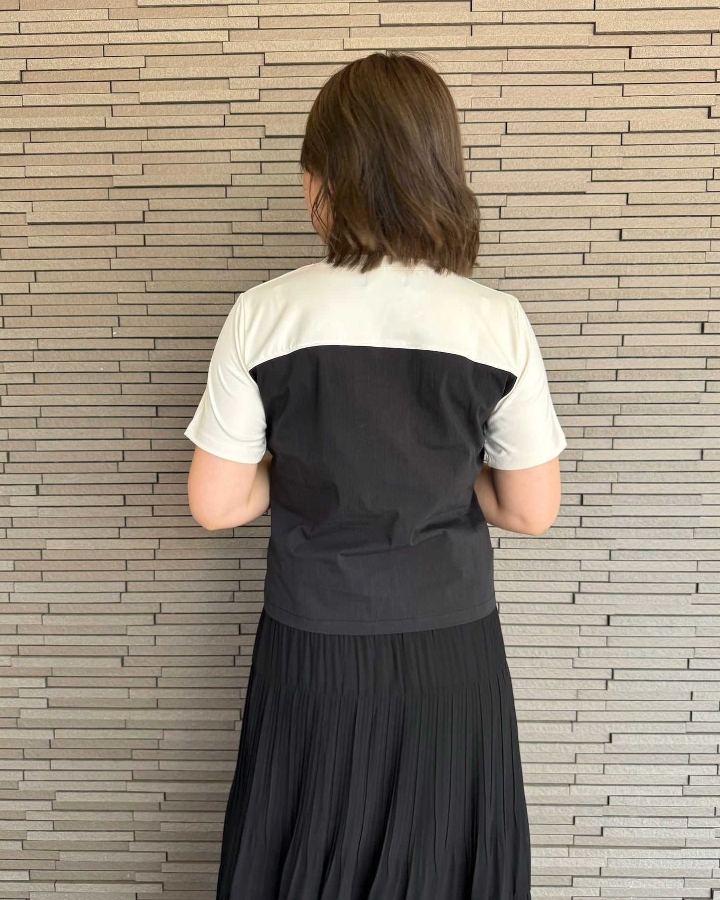 センタージップ異素材バイカラーTシャツ