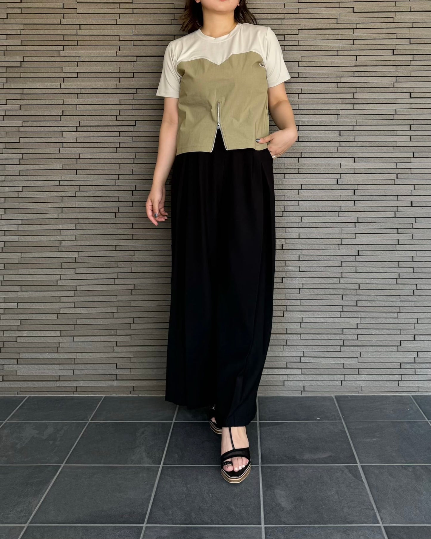 センタージップ異素材バイカラーTシャツ