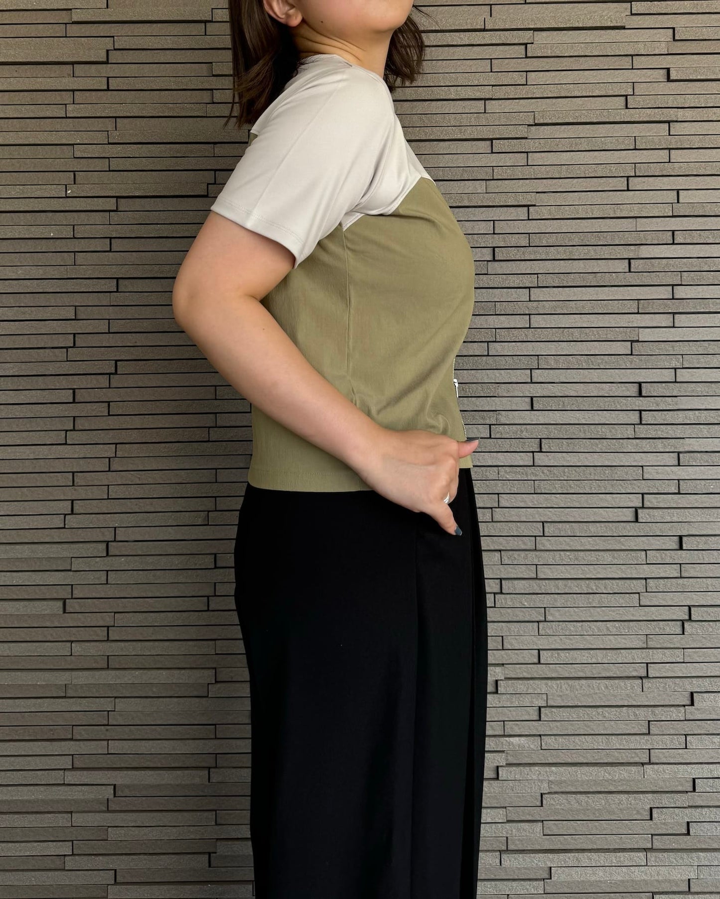 センタージップ異素材バイカラーTシャツ