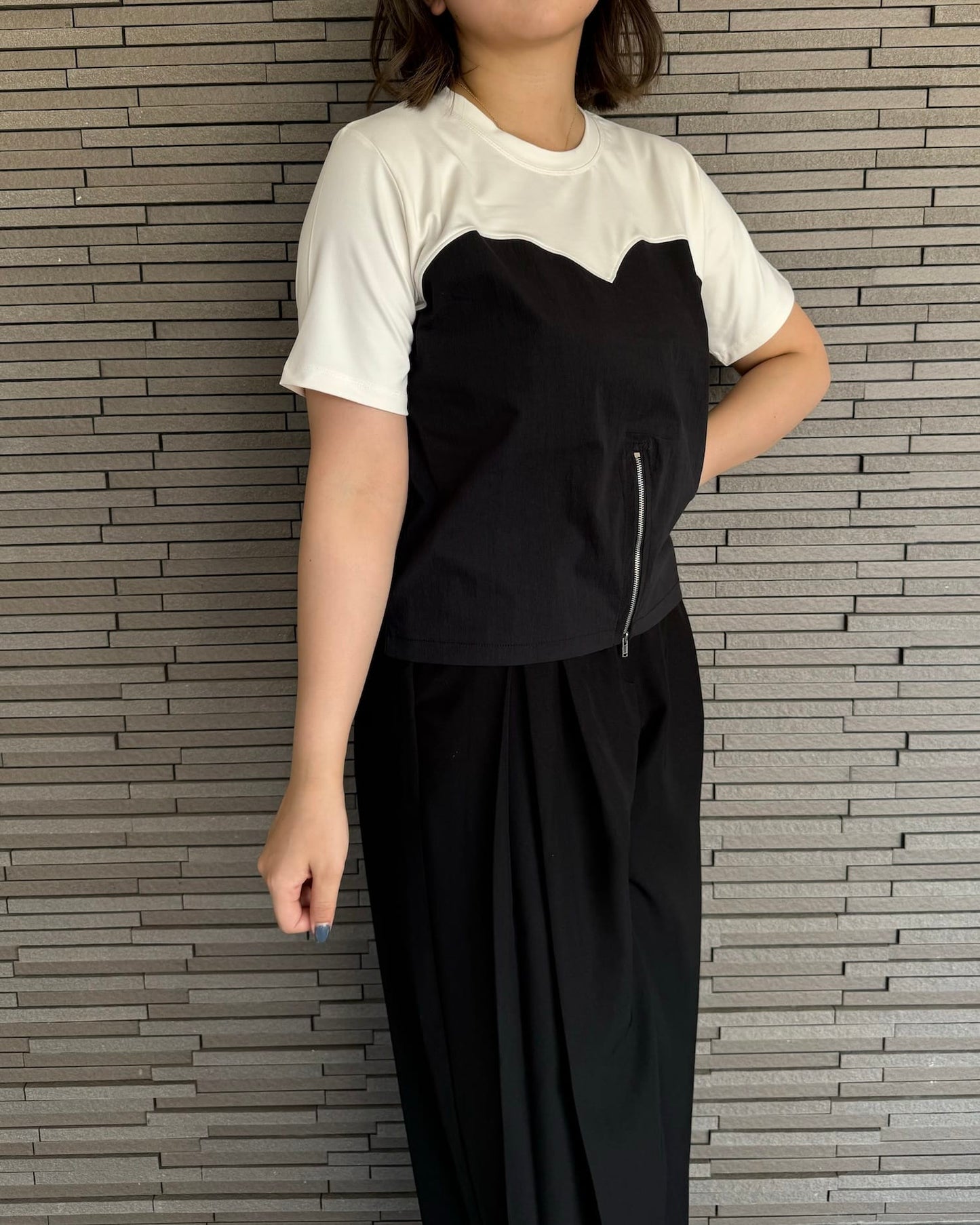 センタージップ異素材バイカラーTシャツ