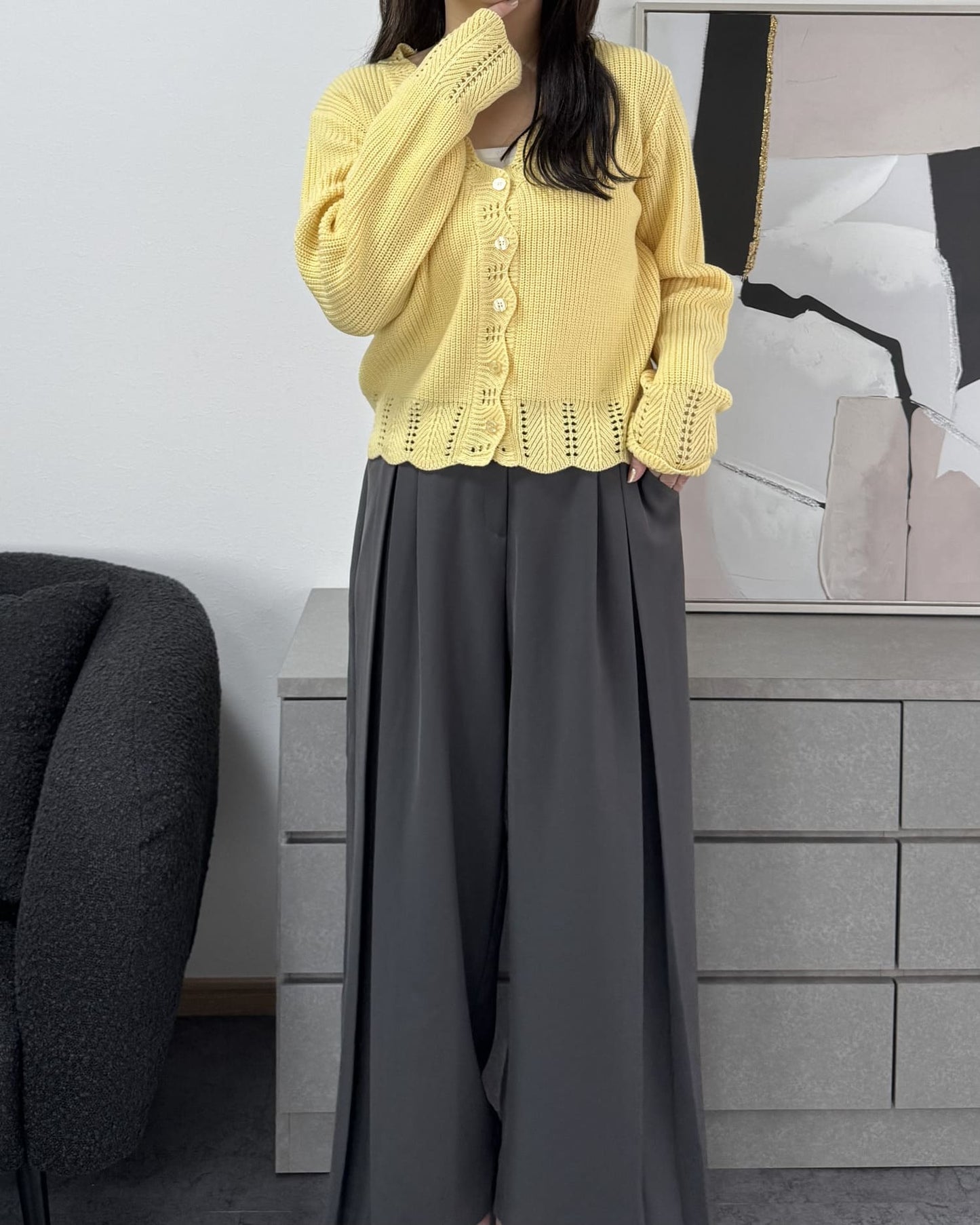 鍵編みデザインカラーカーディガン