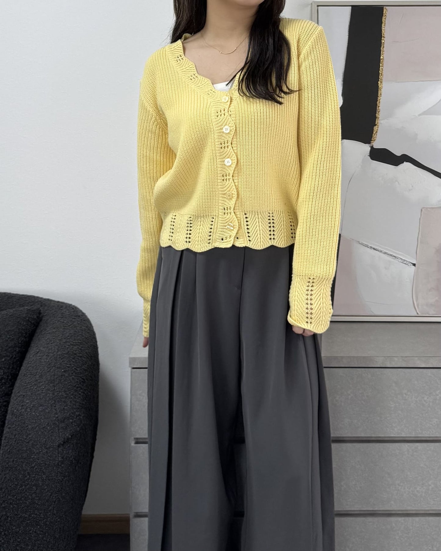 鍵編みデザインカラーカーディガン