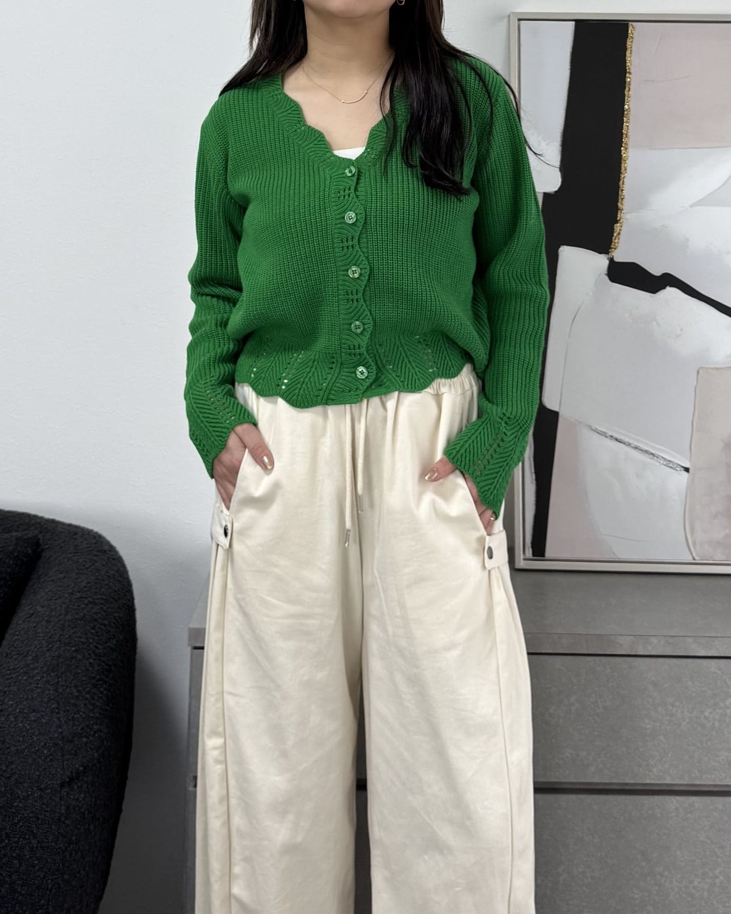 鍵編みデザインカラーカーディガン