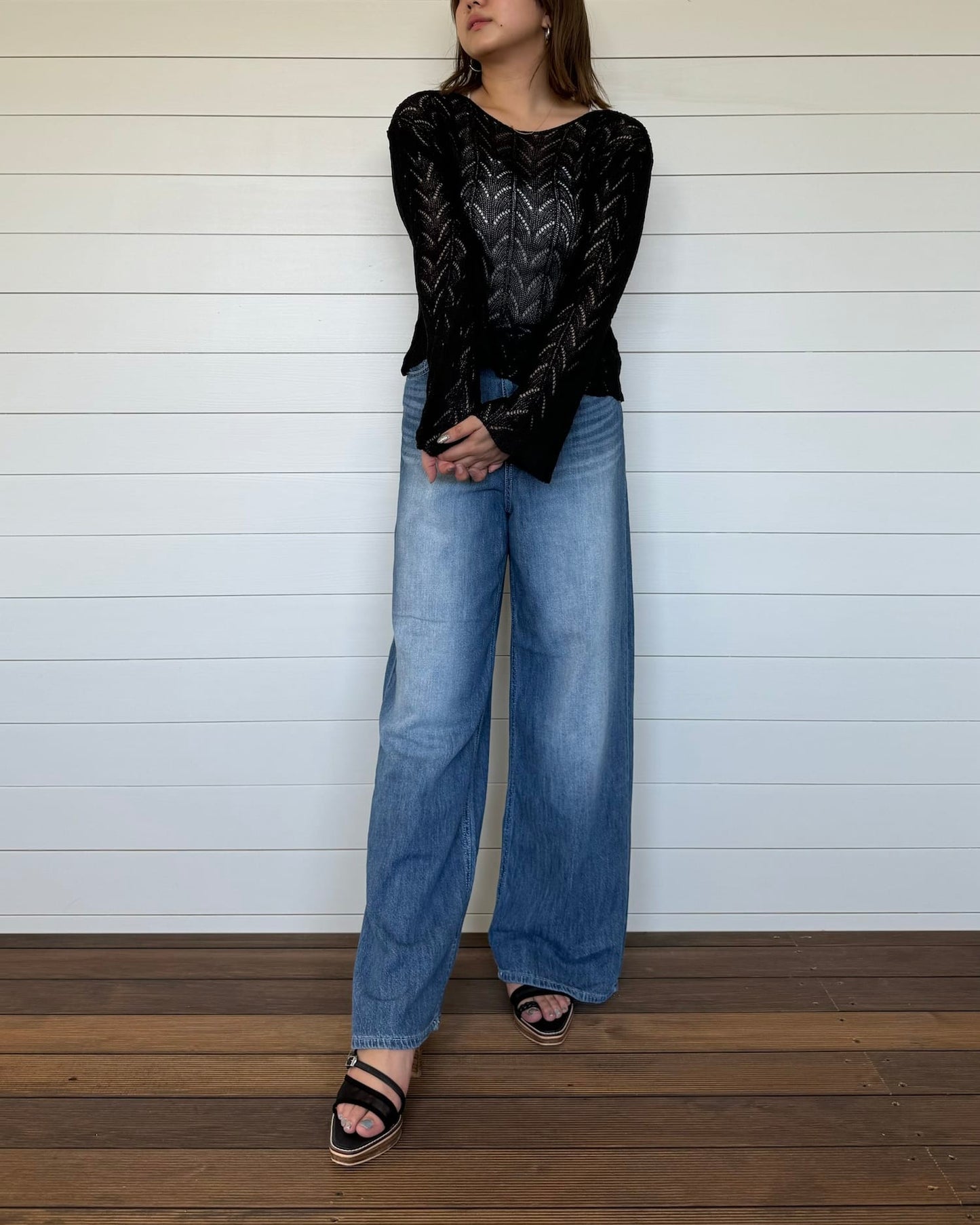 デニム風コットンワイドパンツ