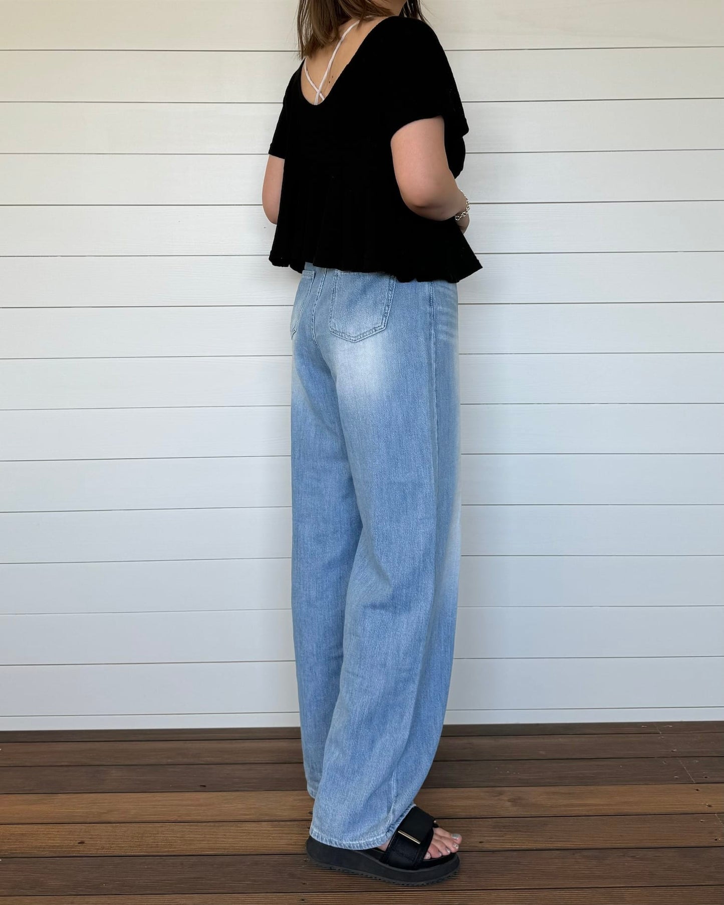 デニム風コットンワイドパンツ