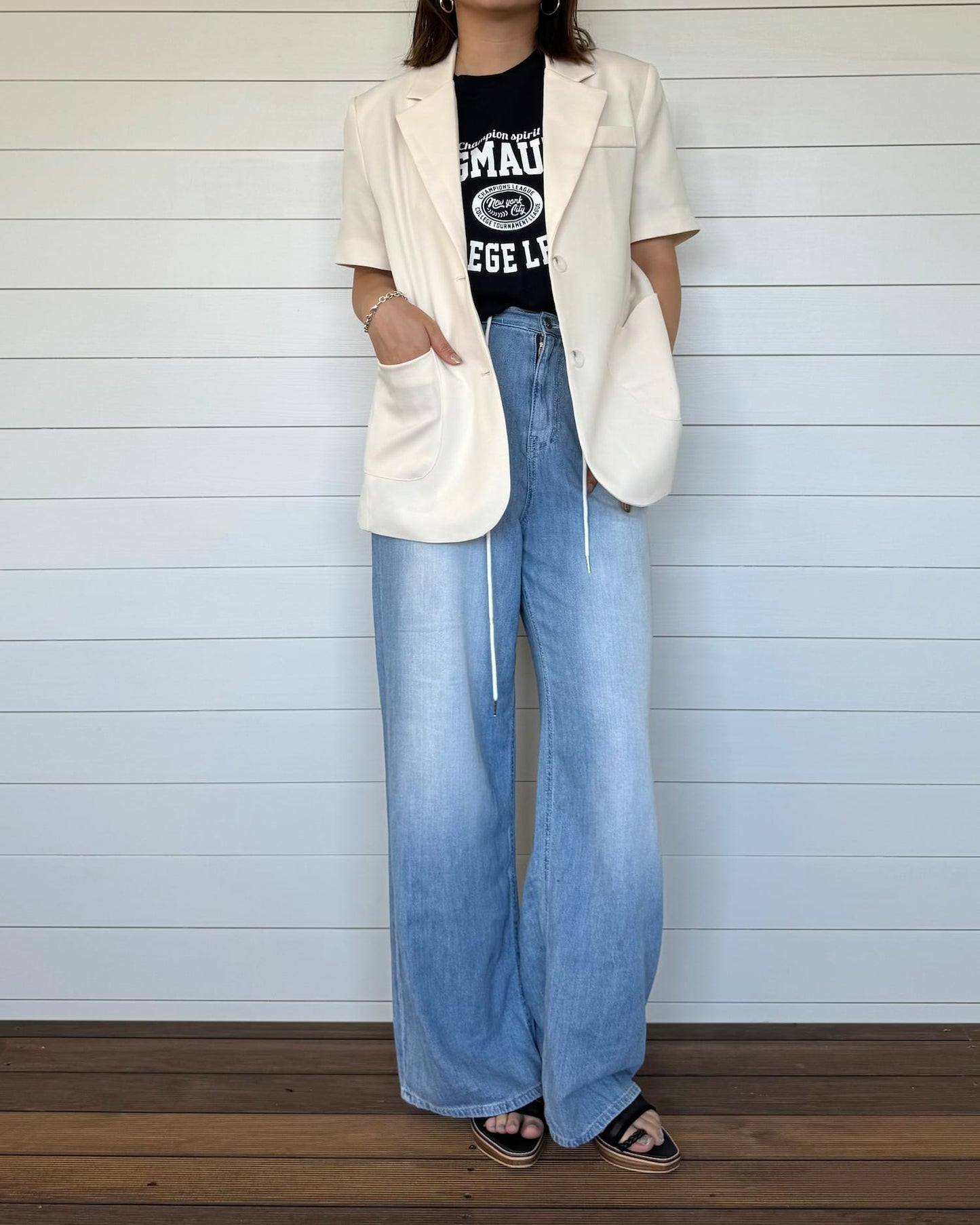 デニム風コットンワイドパンツ