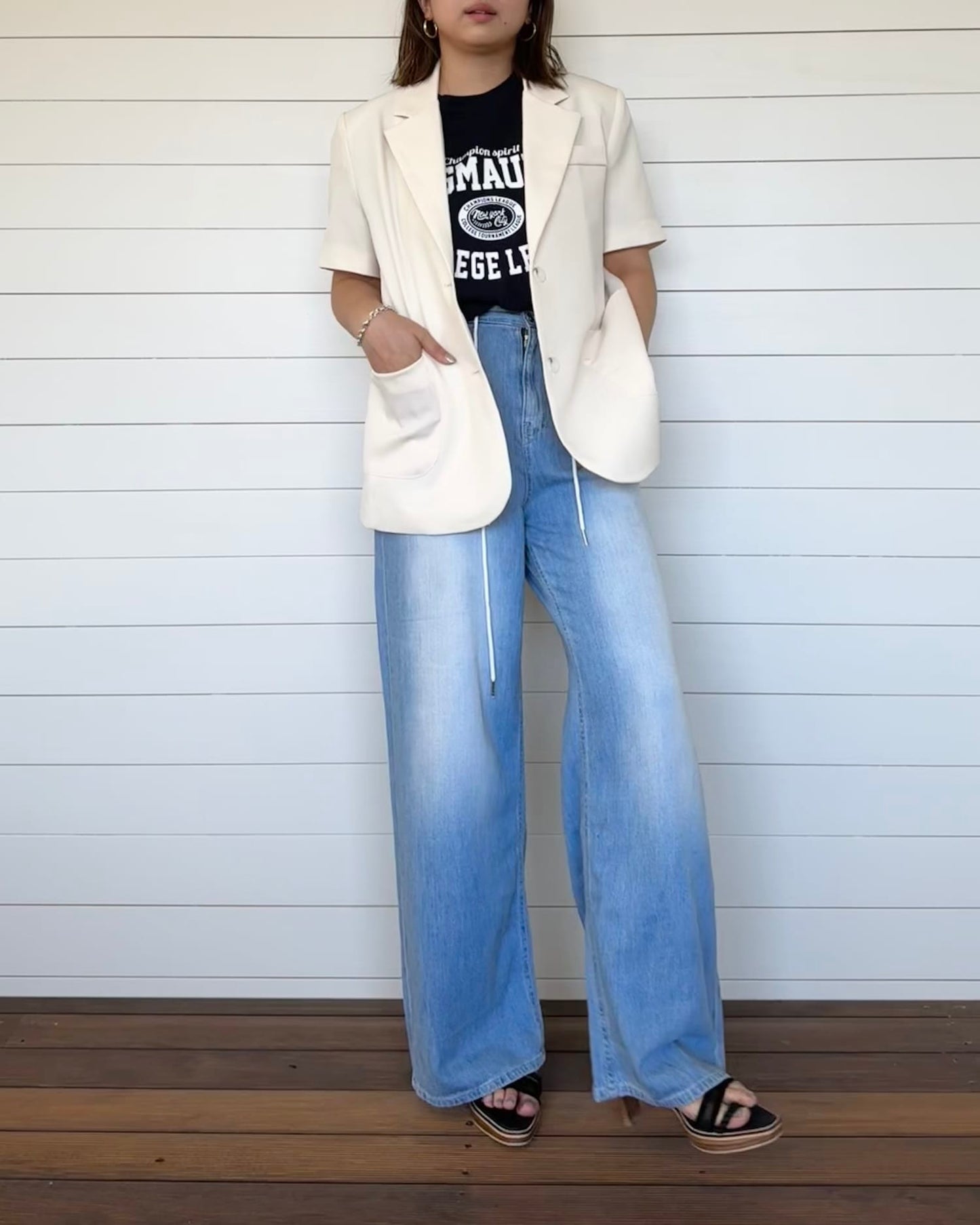 デニム風コットンワイドパンツ