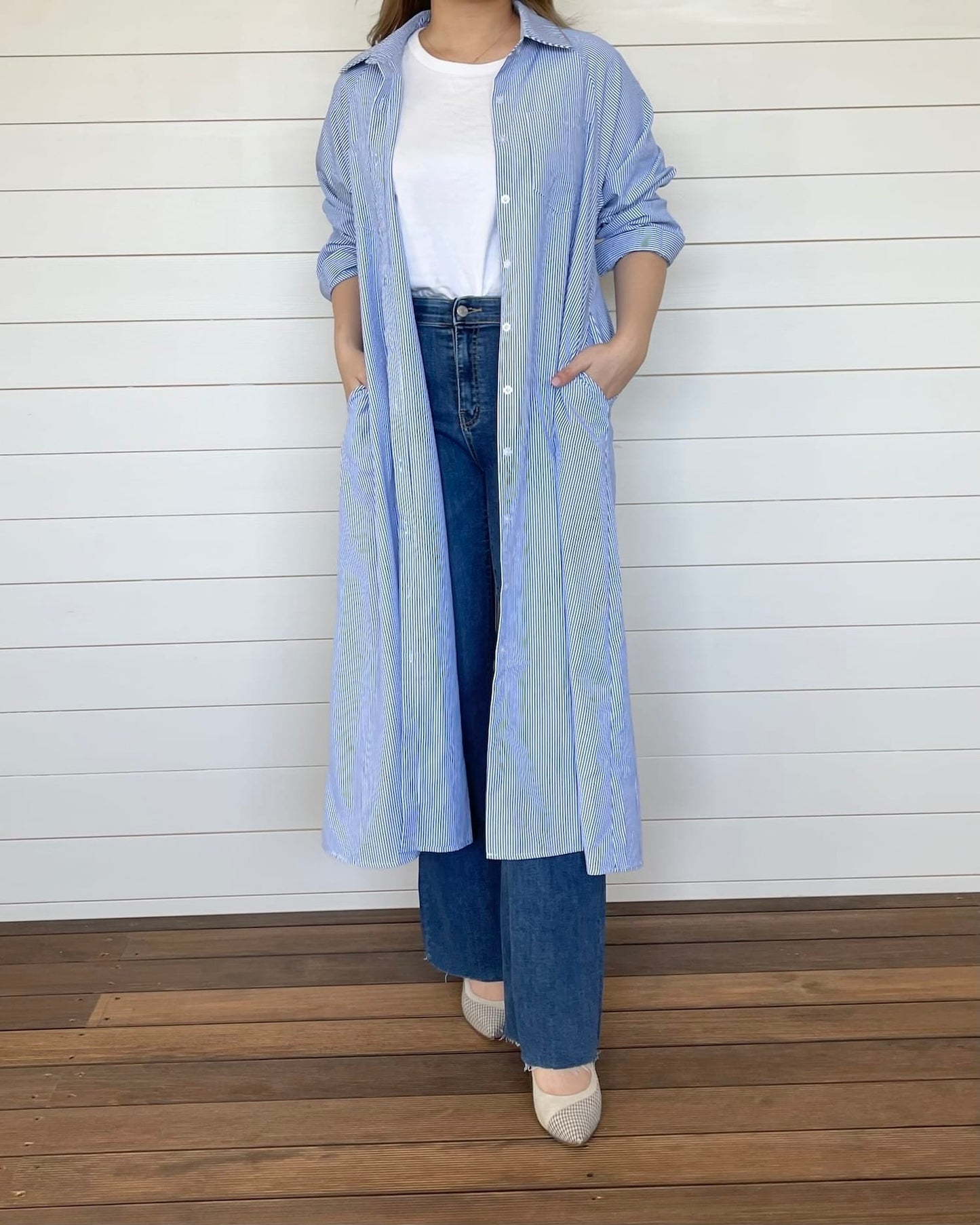 ストライプロングオーバーシャツ