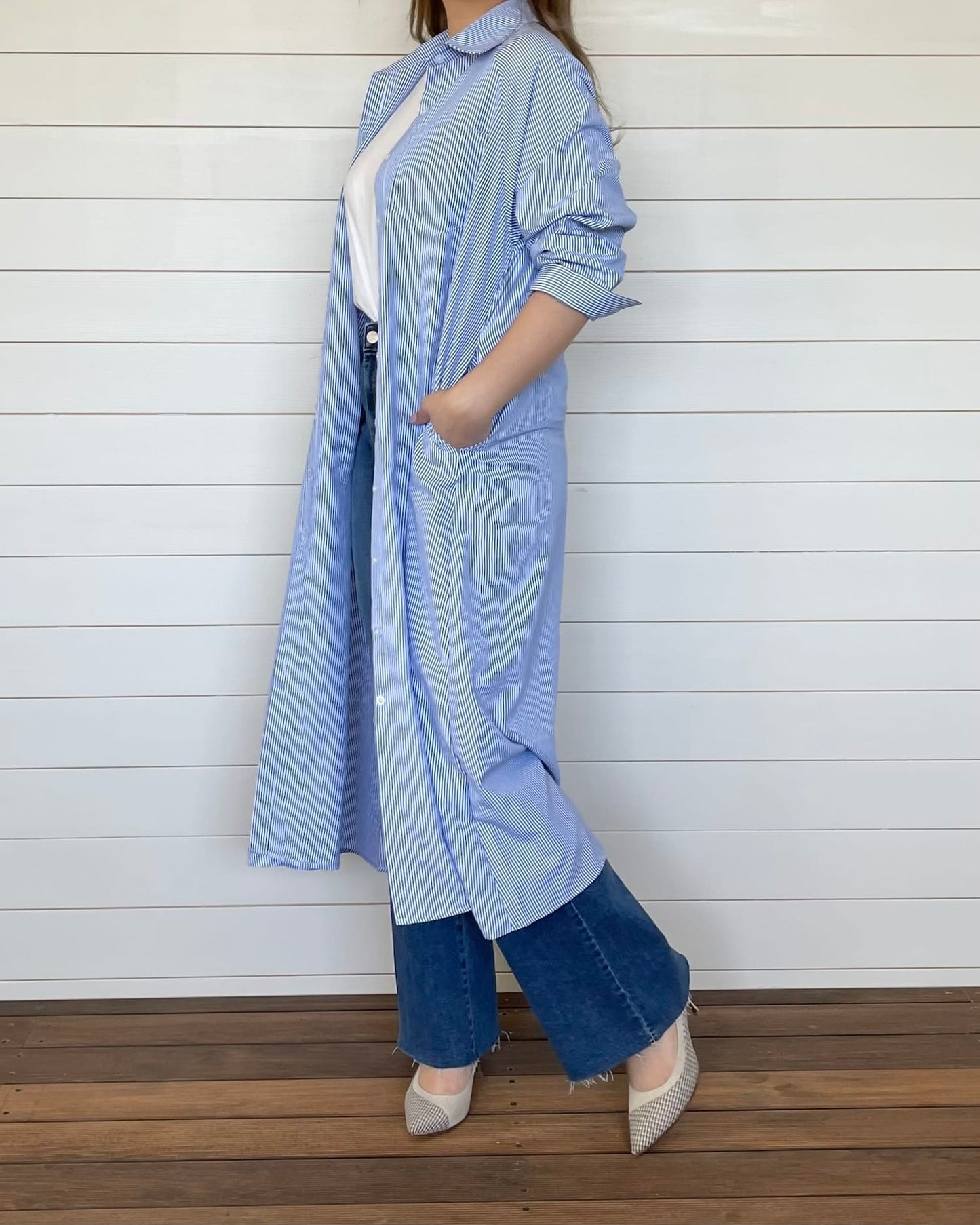 ストライプロングオーバーシャツ