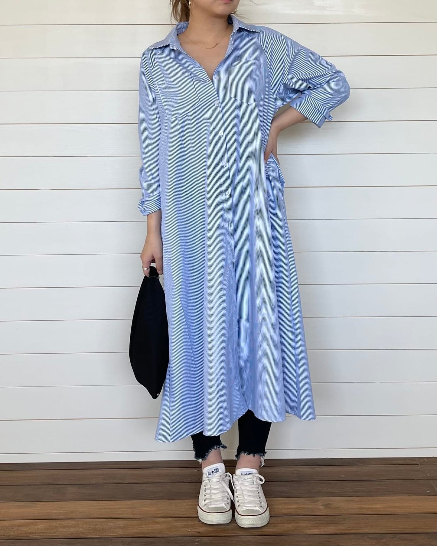 ストライプロングオーバーシャツ