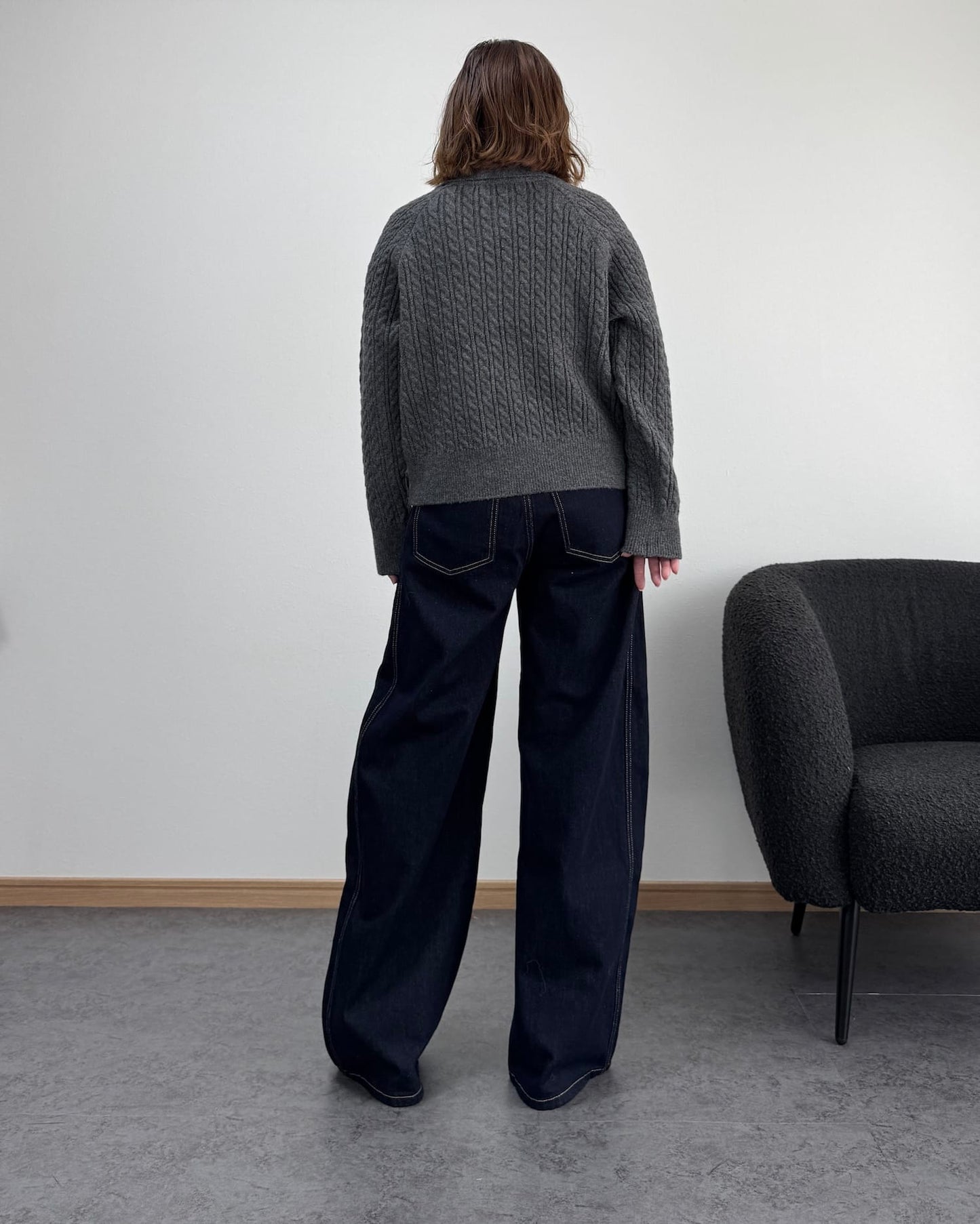 襟付きジップケーブルニット