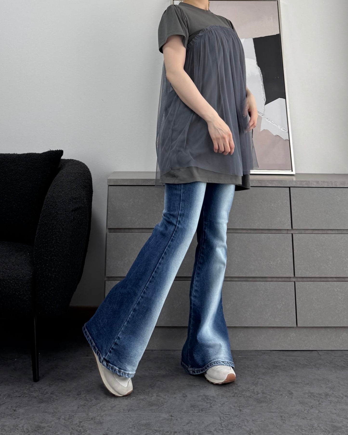 センターウォッシュドフレアデニムパンツ