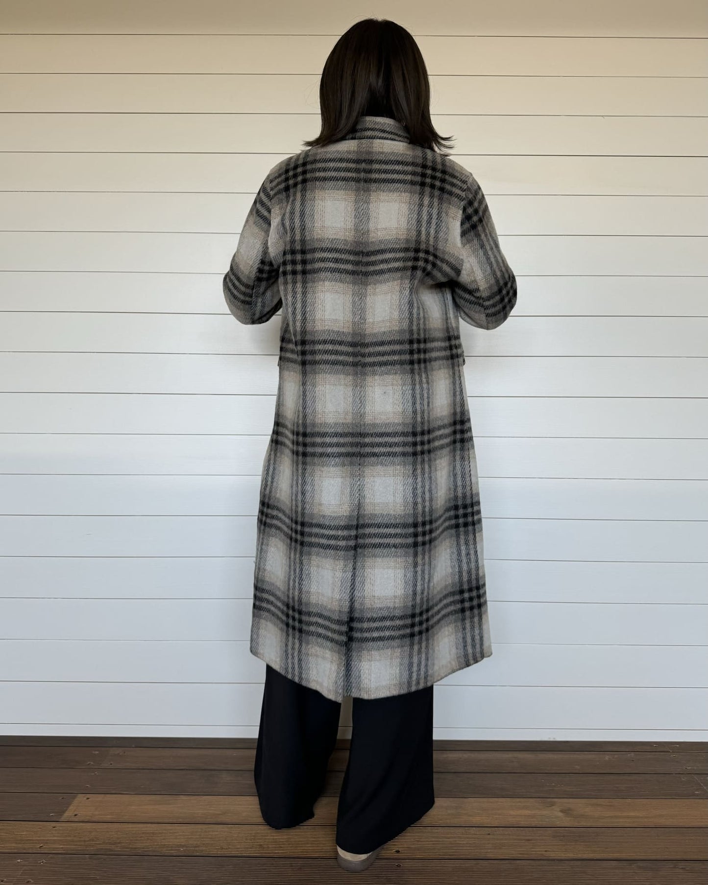 チェックロングウールコート