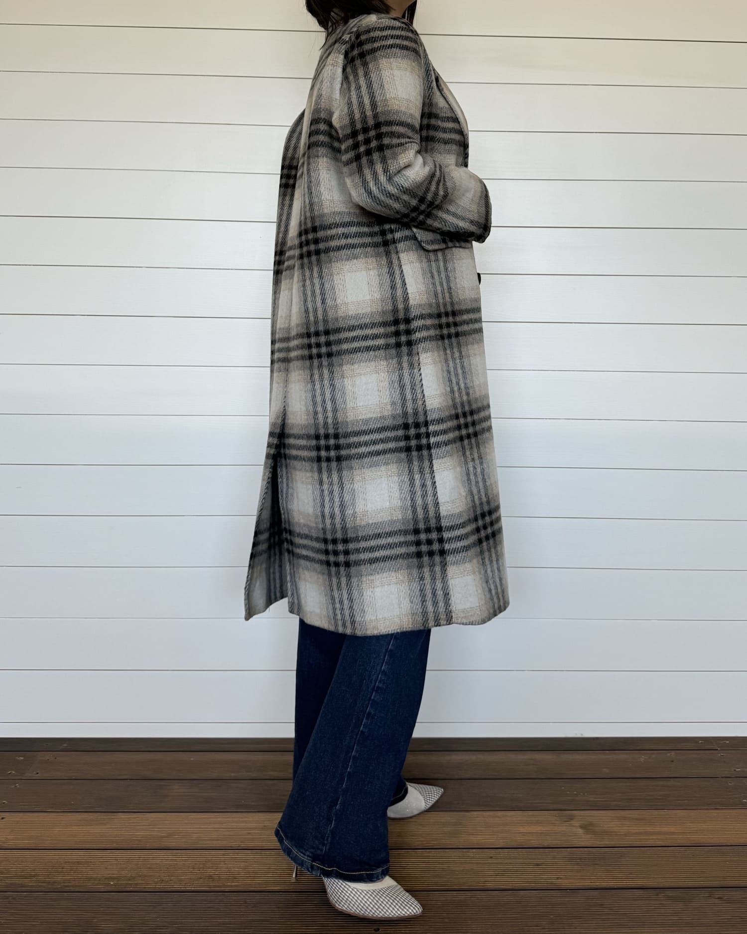 チェックロングウールコート
