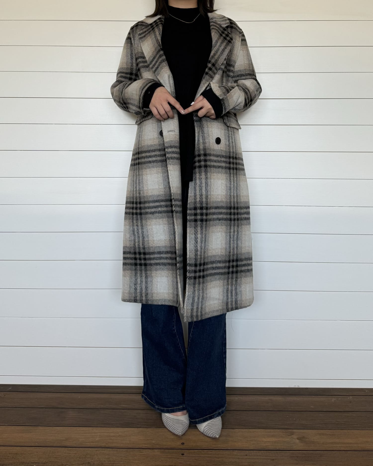 チェックロングウールコート