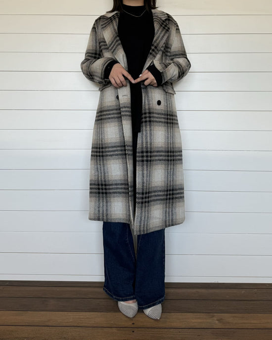 チェックロングウールコート