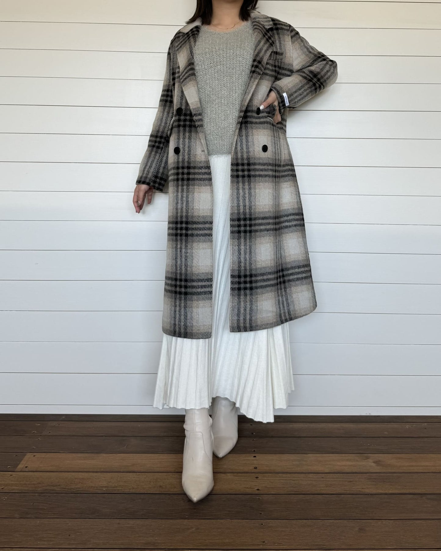 チェックロングウールコート