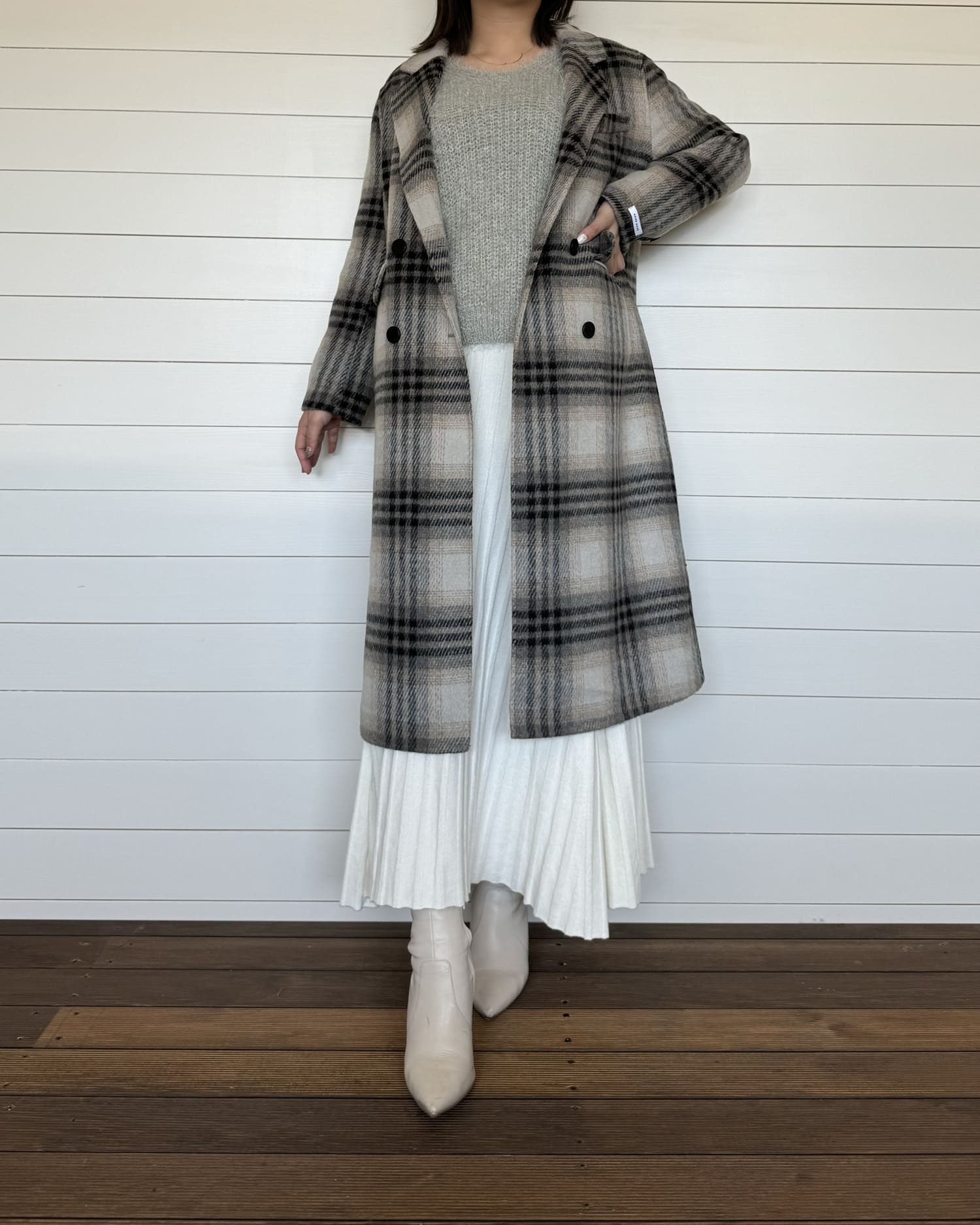 チェックロングウールコート