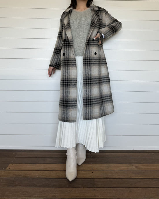チェックロングウールコート