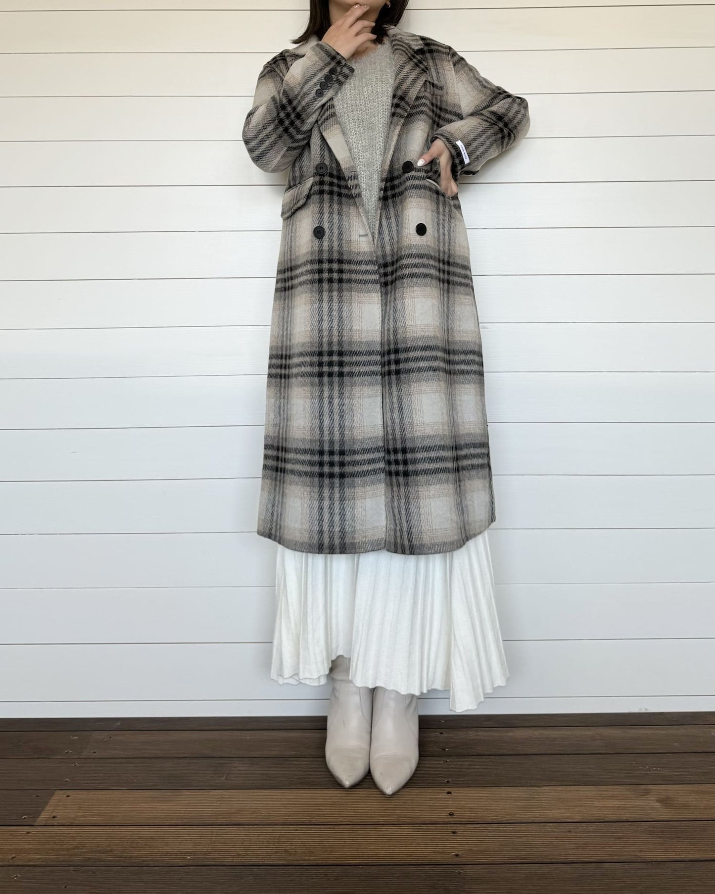 チェックロングウールコート