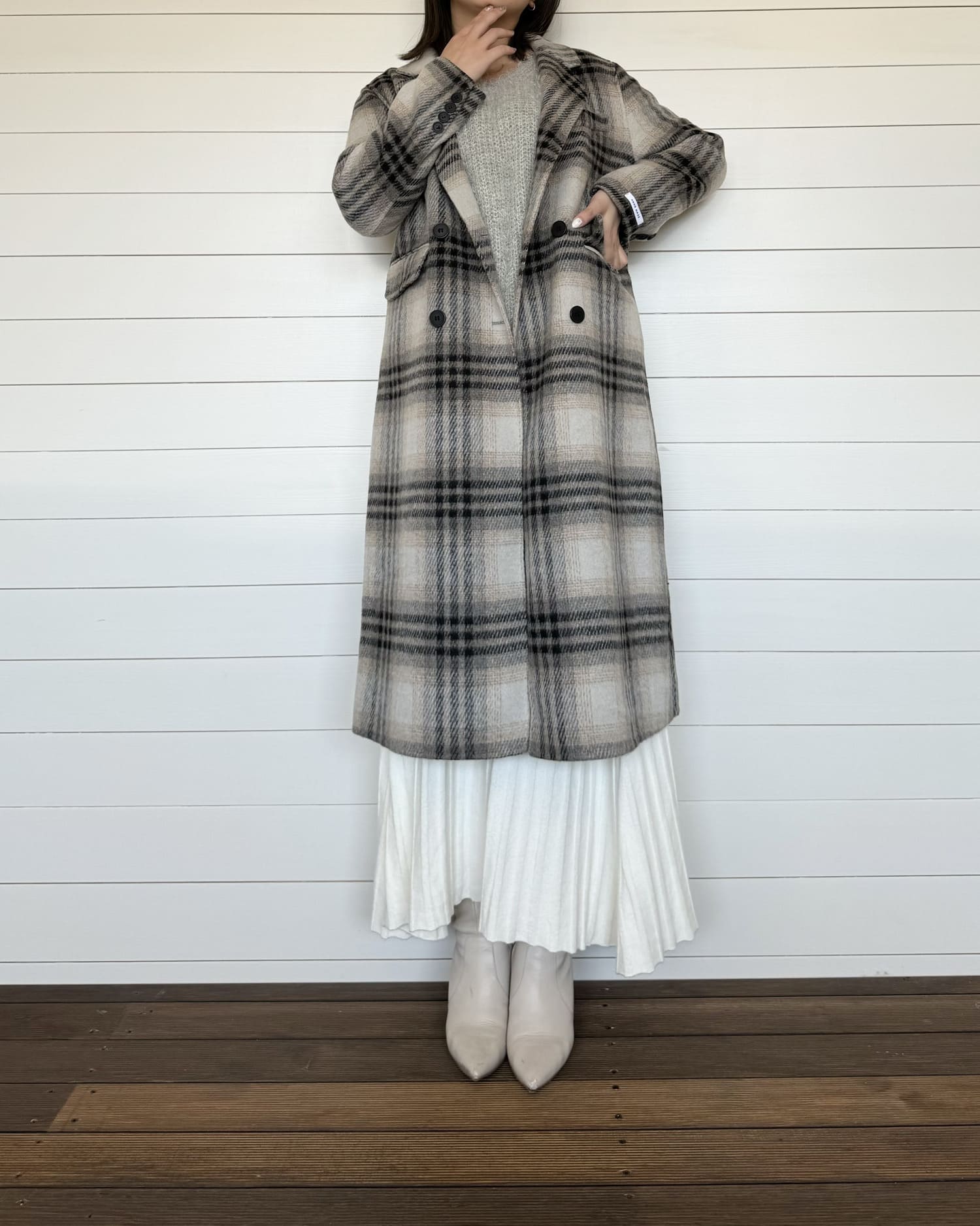 チェックロングウールコート