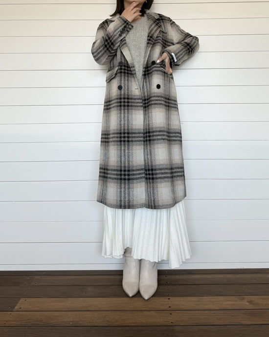 チェックロングウールコート