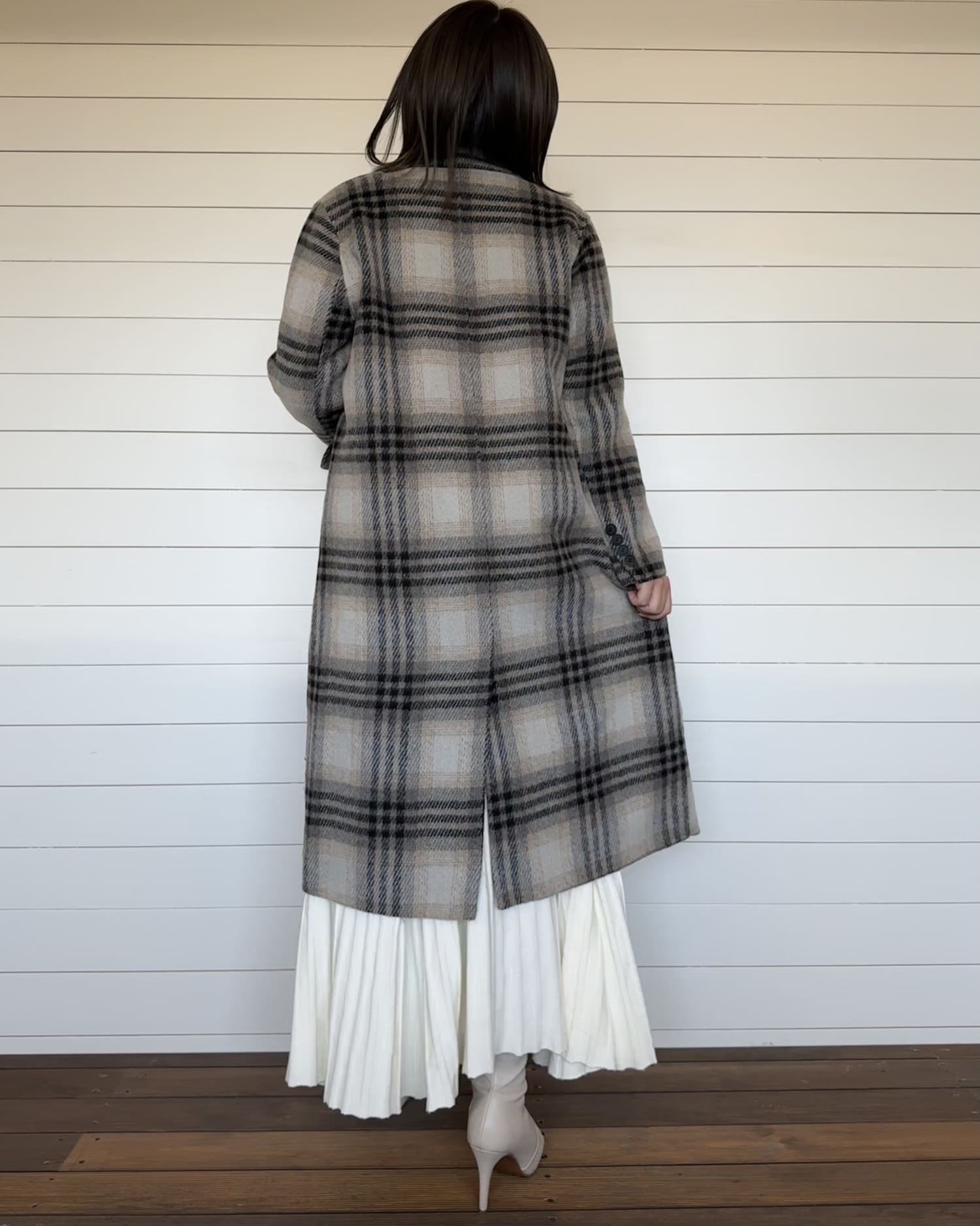 チェックロングウールコート