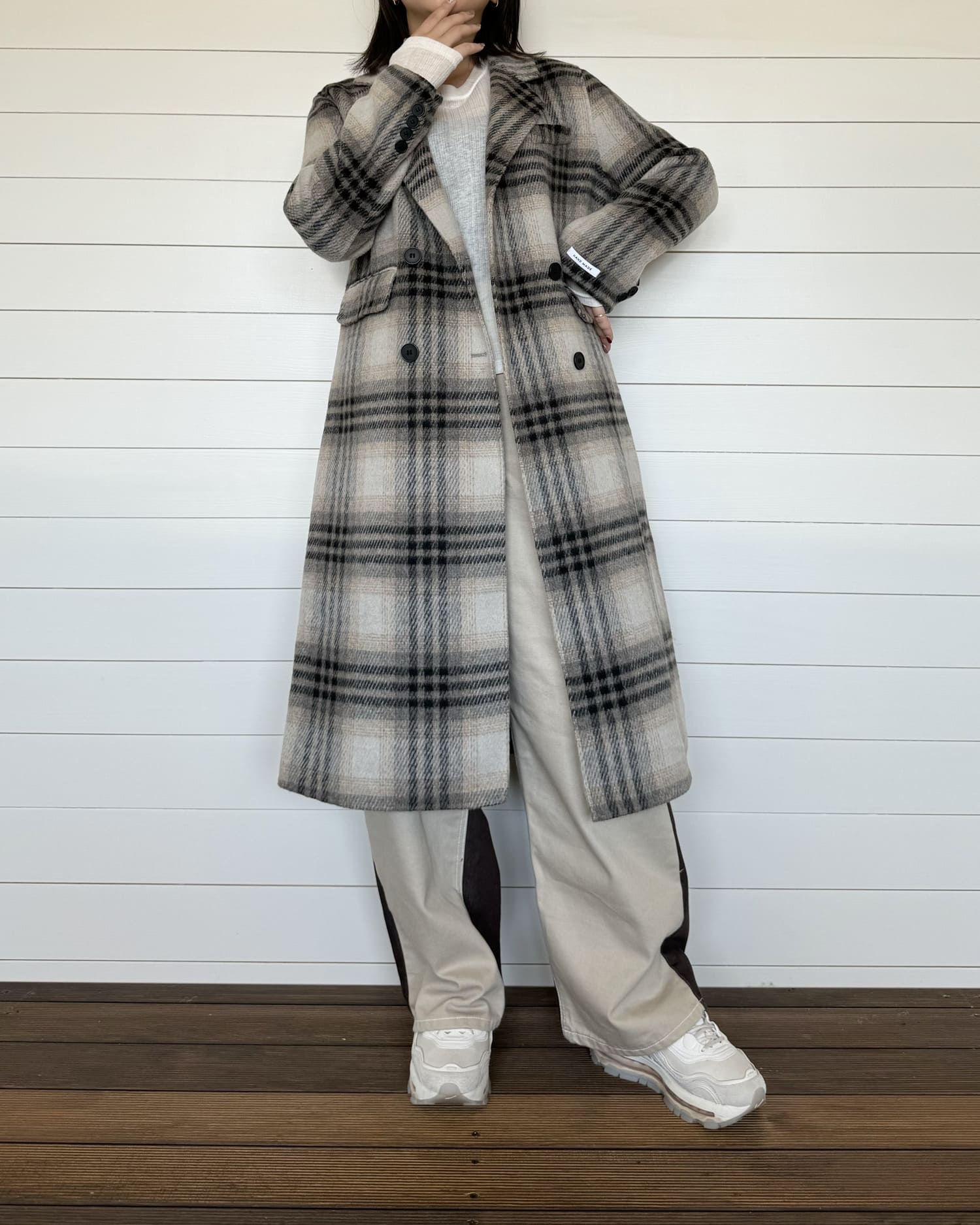 チェックロングウールコート