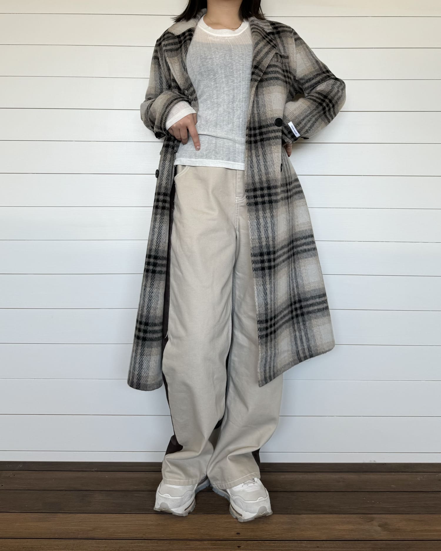 チェックロングウールコート