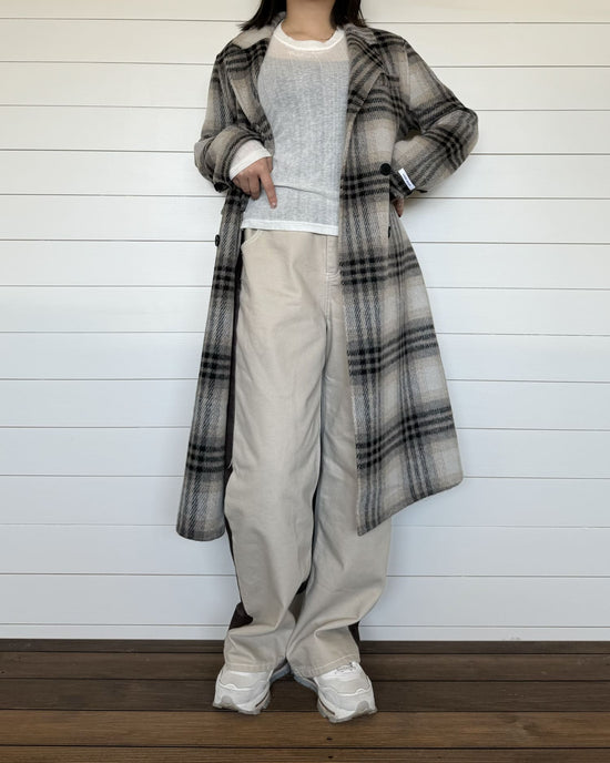 チェックロングウールコート