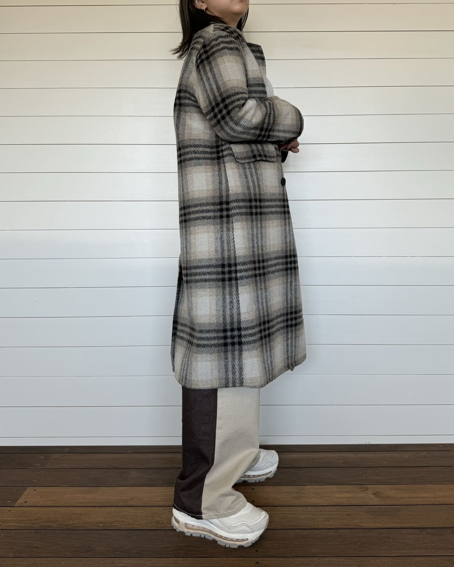 チェックロングウールコート