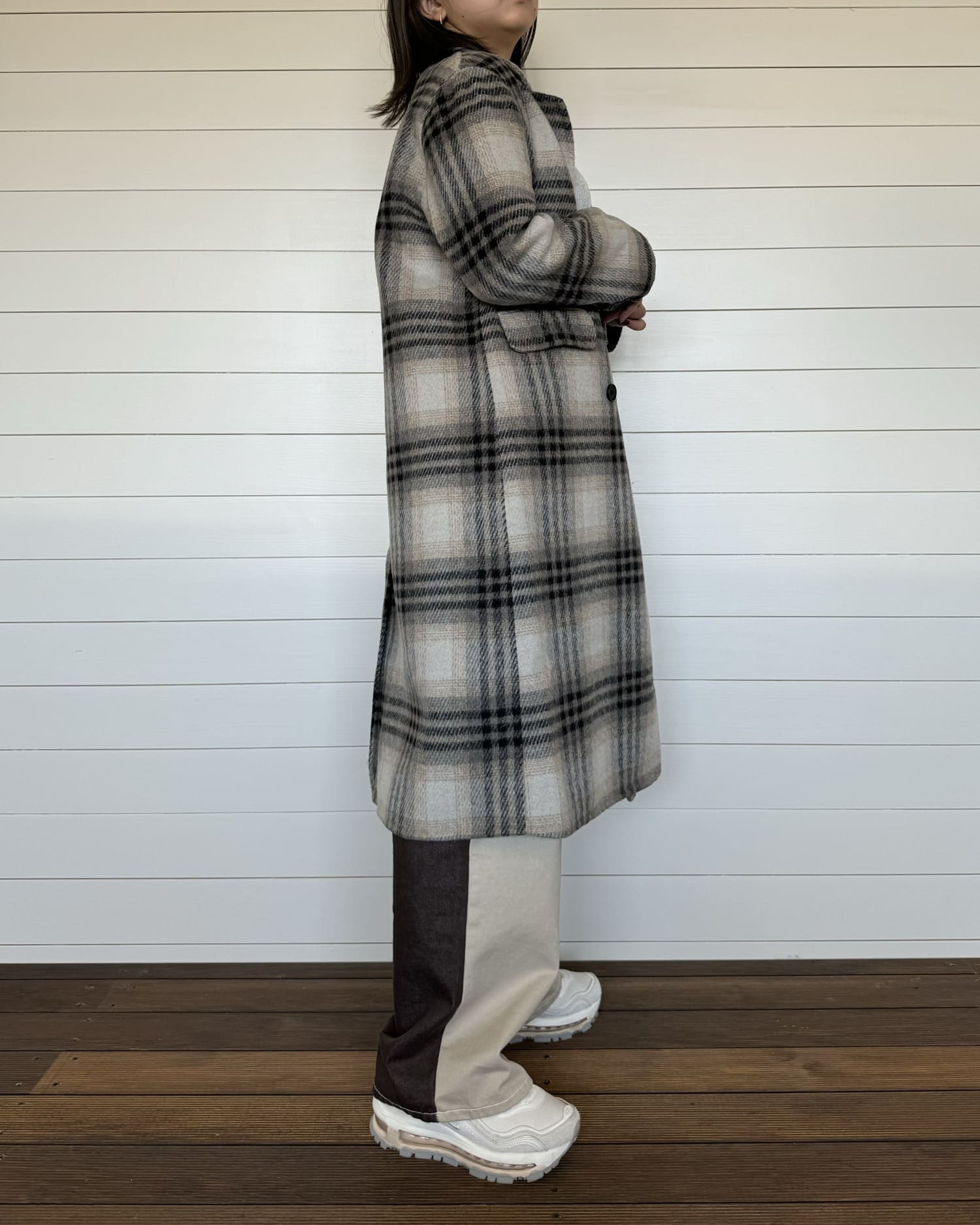 チェックロングウールコート