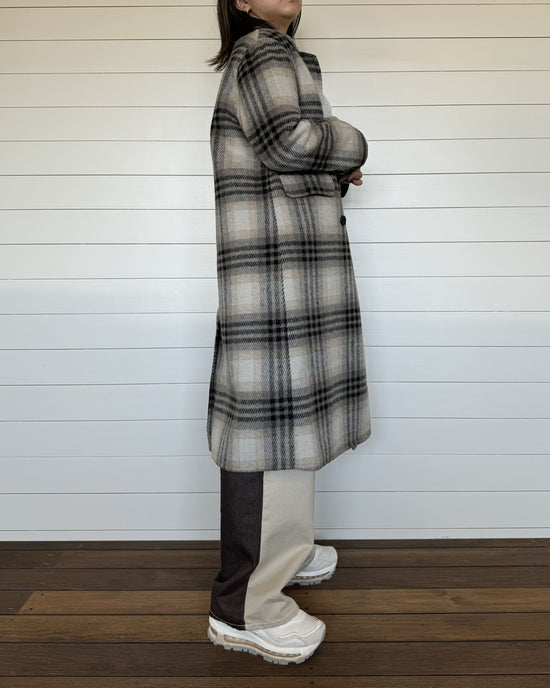 チェックロングウールコート