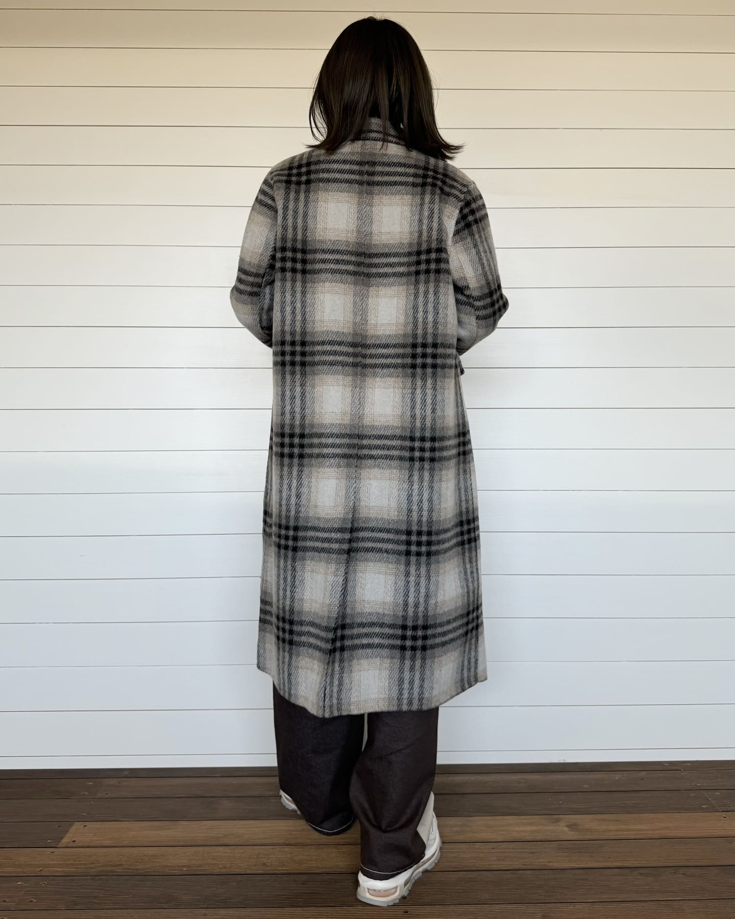チェックロングウールコート