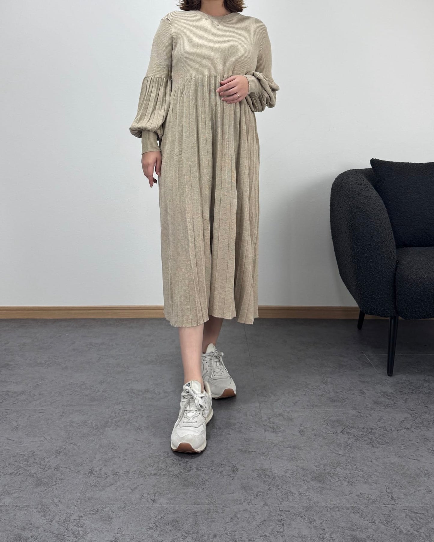 プリーツハイウエスト切り替えワンピース