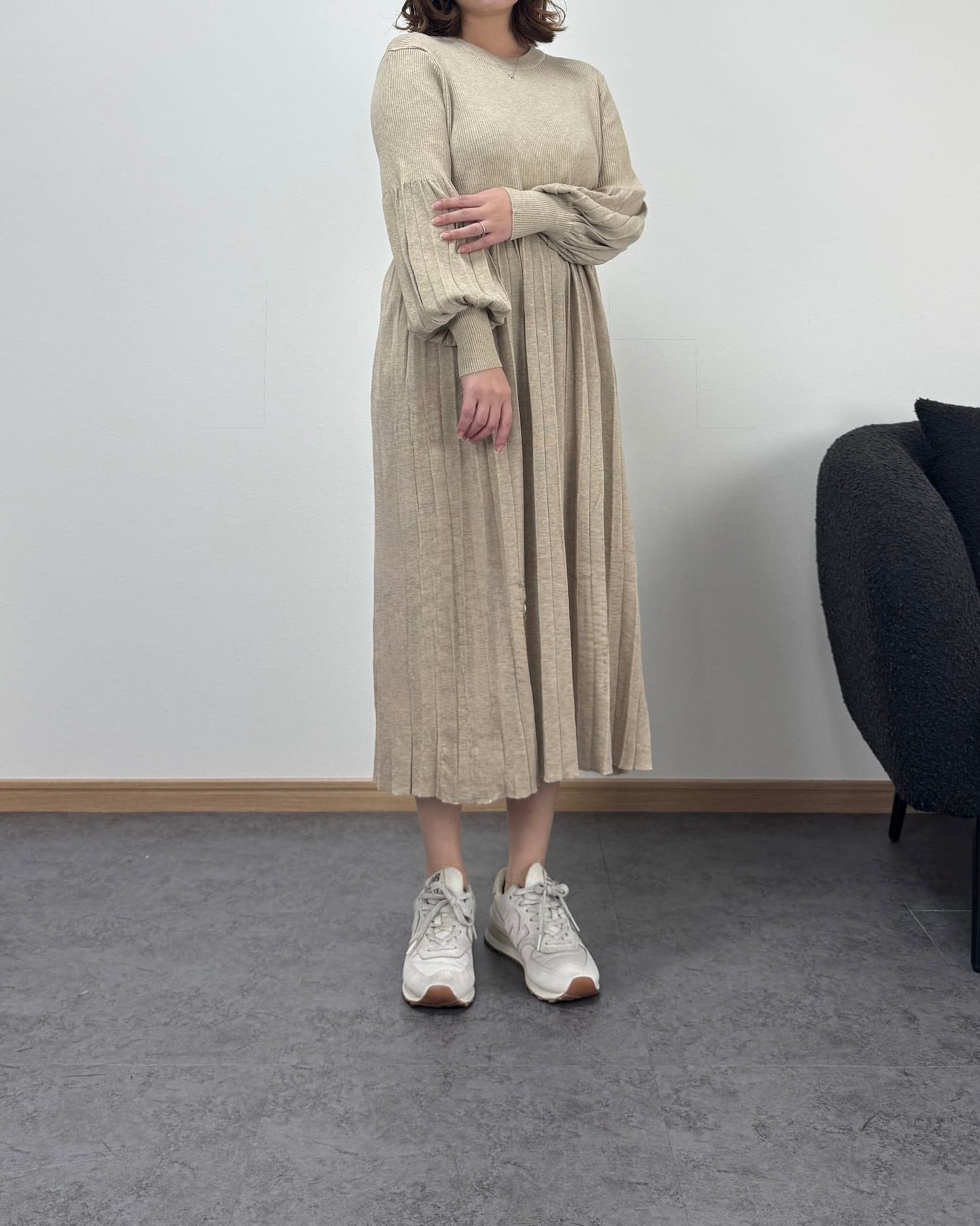 プリーツハイウエスト切り替えワンピース