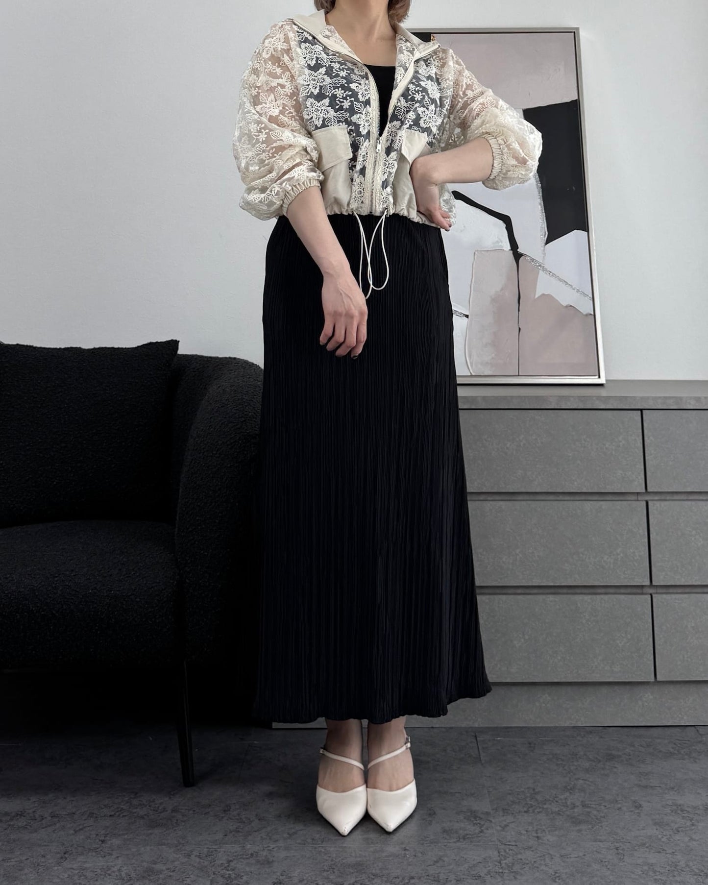 レースフラワー刺繍クロップドシアーブルゾン